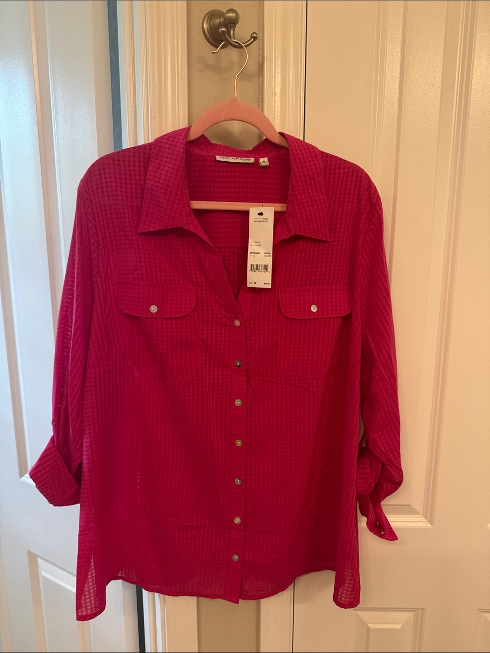 Notations Fuchsia Button-Front Sheer Long Sleeve Shirt